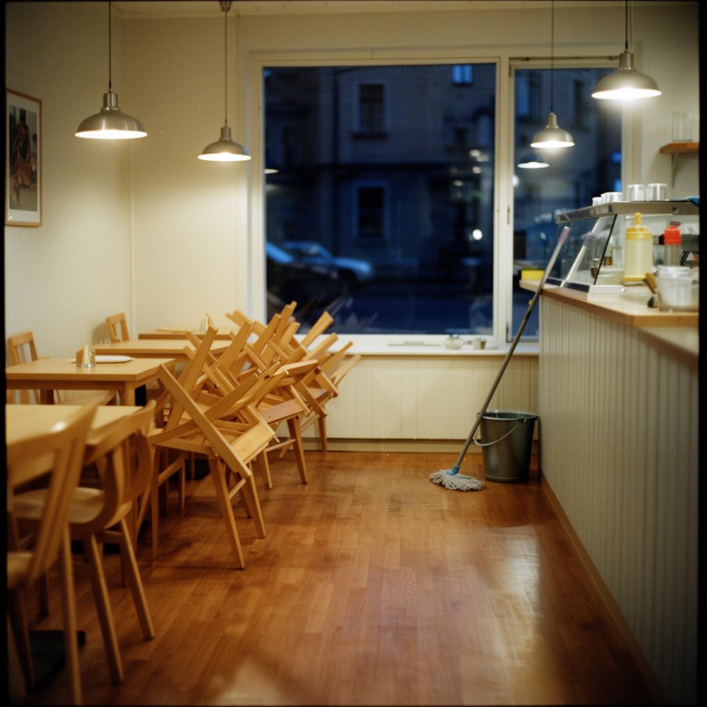 Två städare arbetar tillsammans i ett café efter stängning